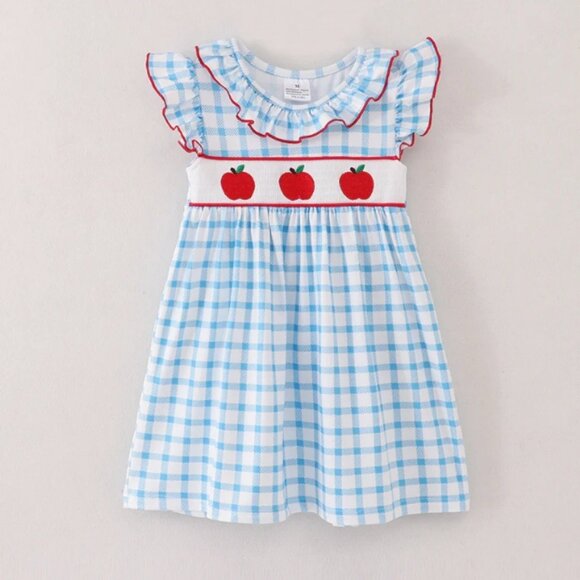 Dresses Boutique Back To School Apple Embroidered Smocked Blue Plaid